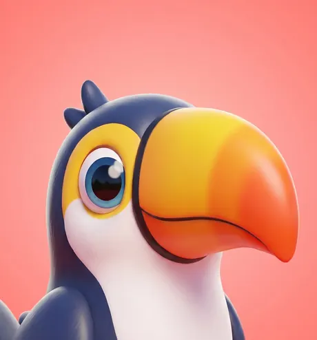 Griffin, a navy toucan with a golden-orange beak