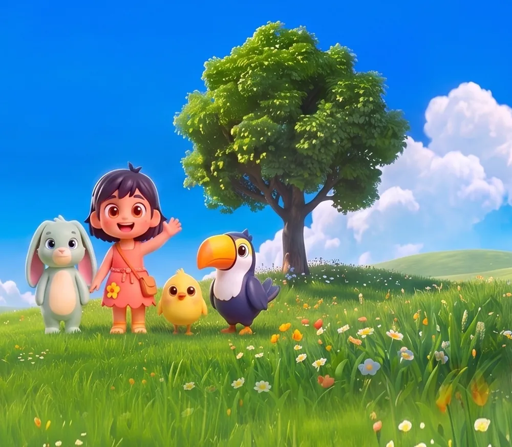 Maeve the bunny, Remy, Pip the chick and Griffin the toucan waving in a sunny meadow beside a big tree