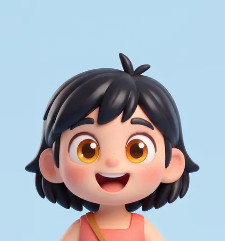 Remy, a smiling girl with black hair and a coral dress